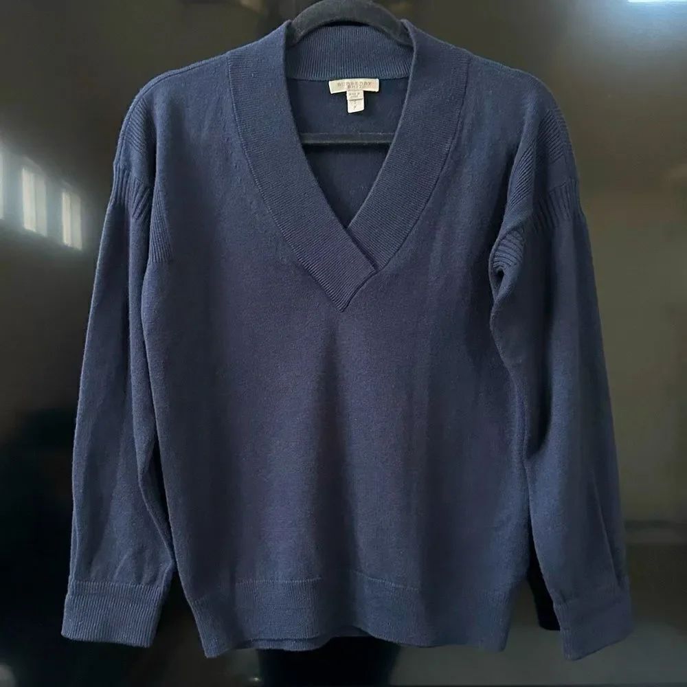 Burberry Brit Check Print Cuff V-Neck Cashmere Navy Blue Sweater Size SP